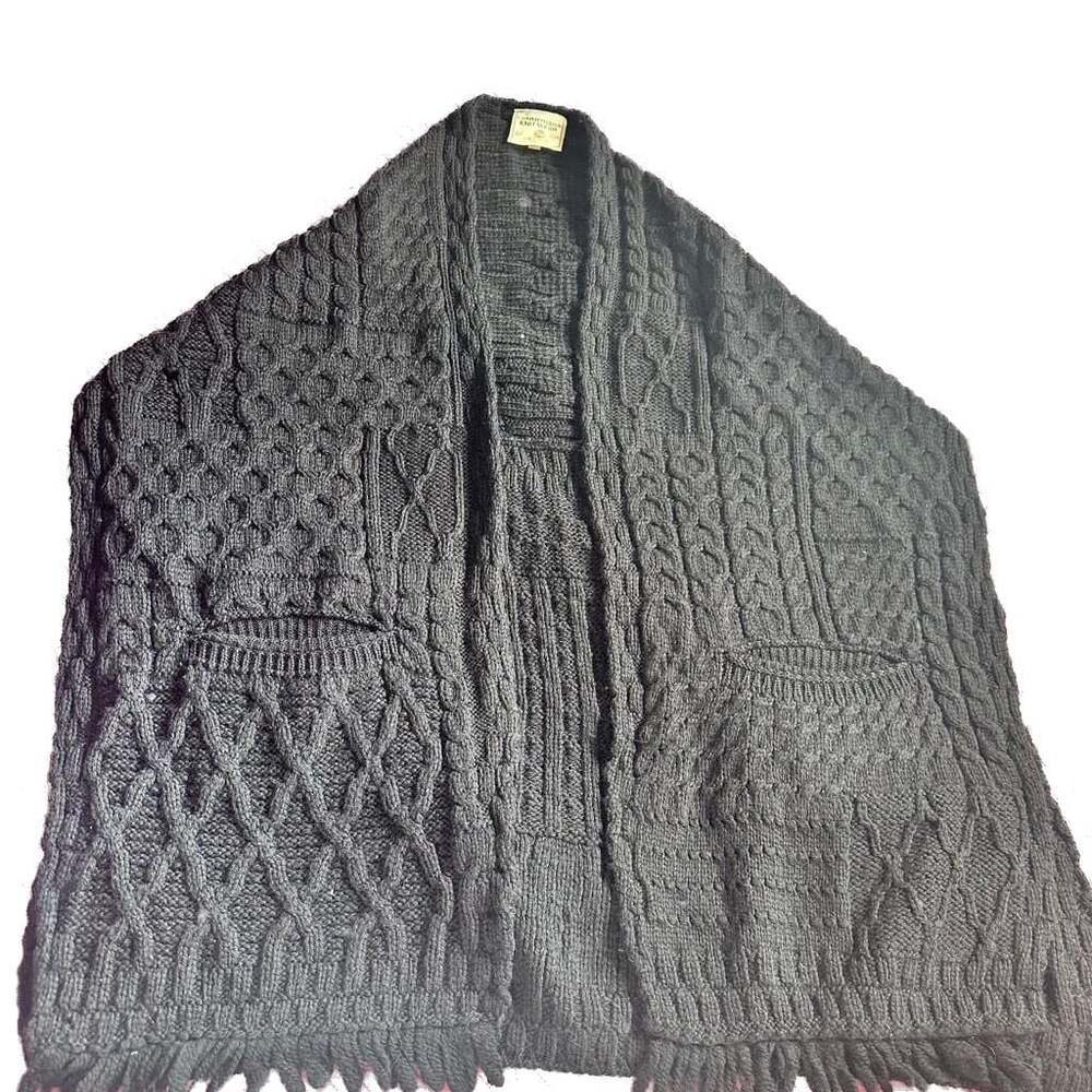 Aran Crafts 100% Merino Wool Black Shawl Wrap Sweater with Pockets